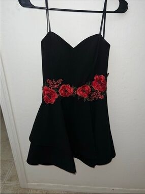 B Darlin Black Mini Dress with Red Floral Embroidery
